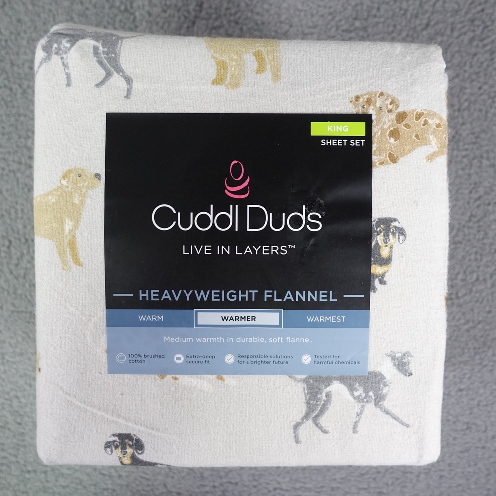 Cuddl Duds King Sheet Set Heavyweight Flannel Dog Toss 100% Cotton 4pc New